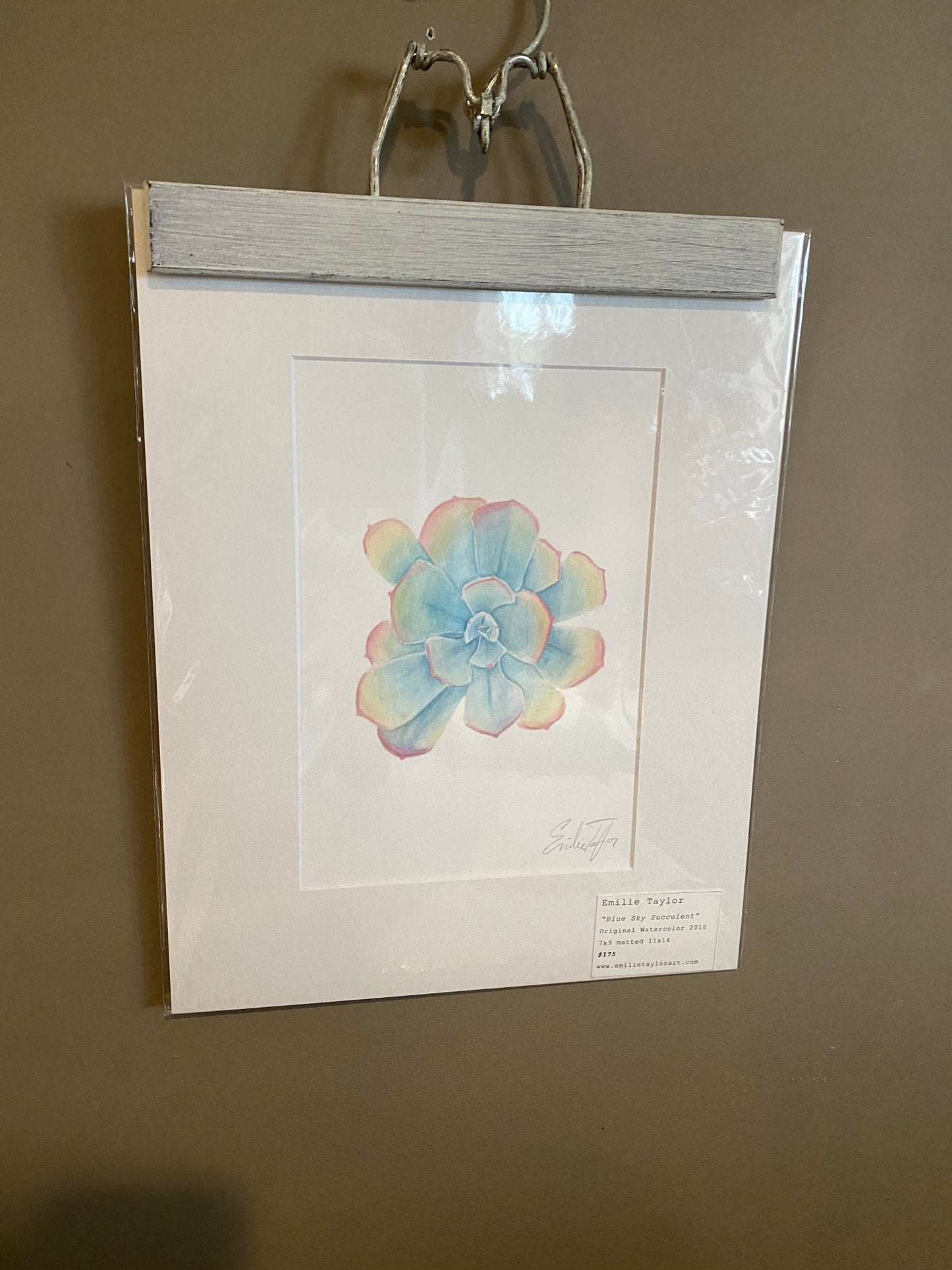 Blue Sky Succulent Original Painting Mated to size 11x14 Emilie Taylor Art
