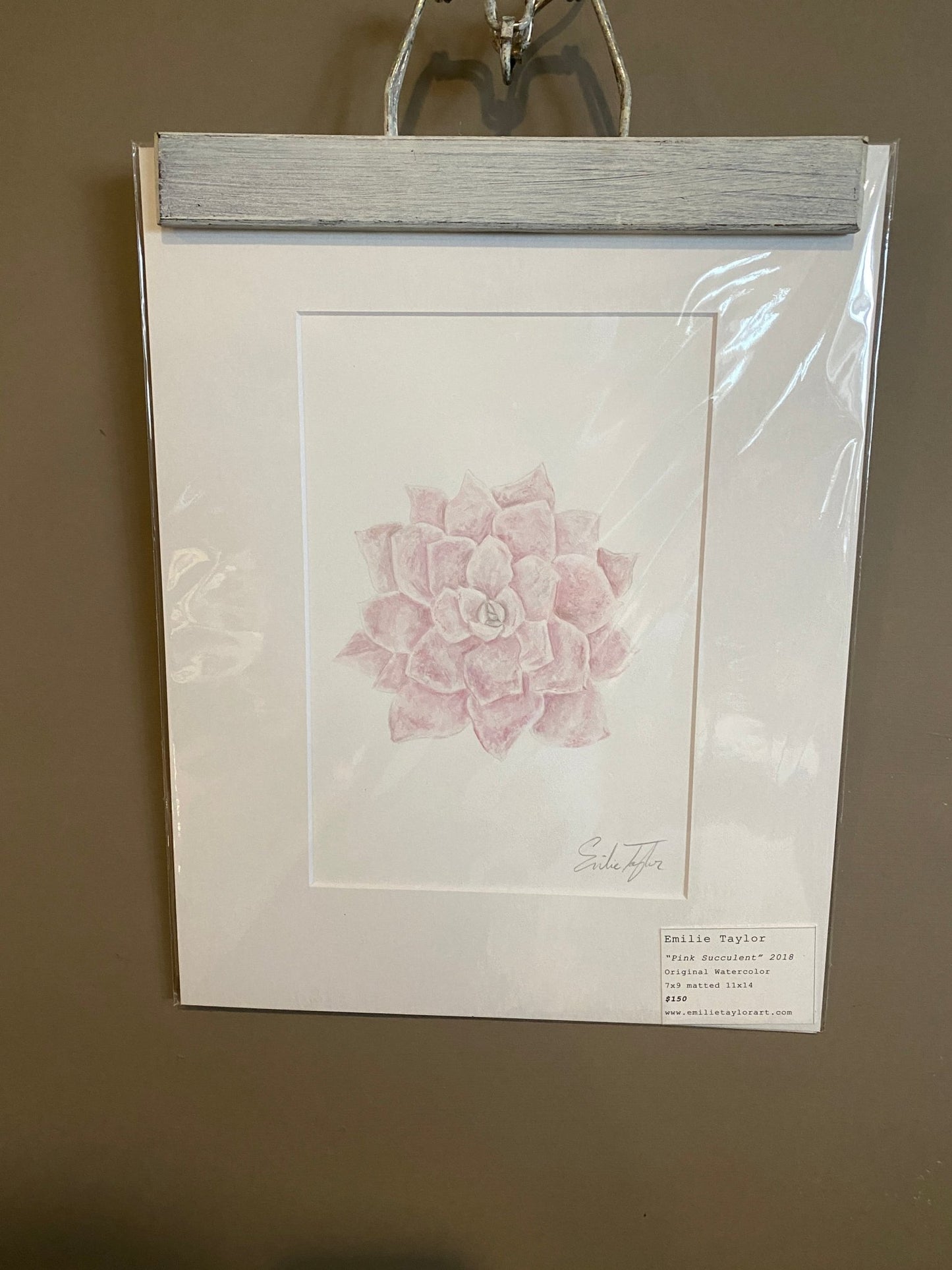 Pink Succulent Original Painting Mated to size 11x14 Emilie Taylor Art