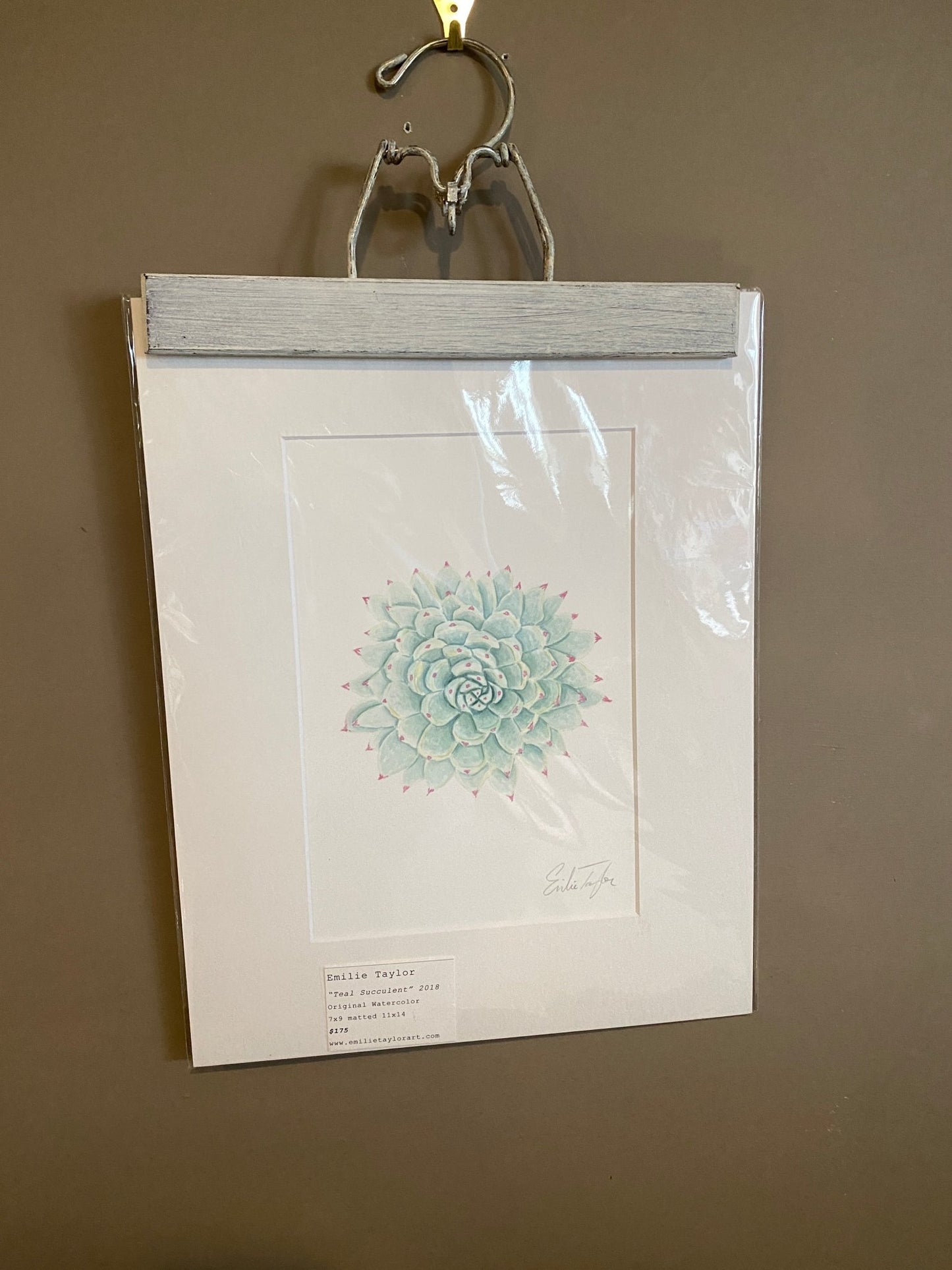 Teal Succulent Original Painting Mated to size 11x14 Emilie Taylor Art
