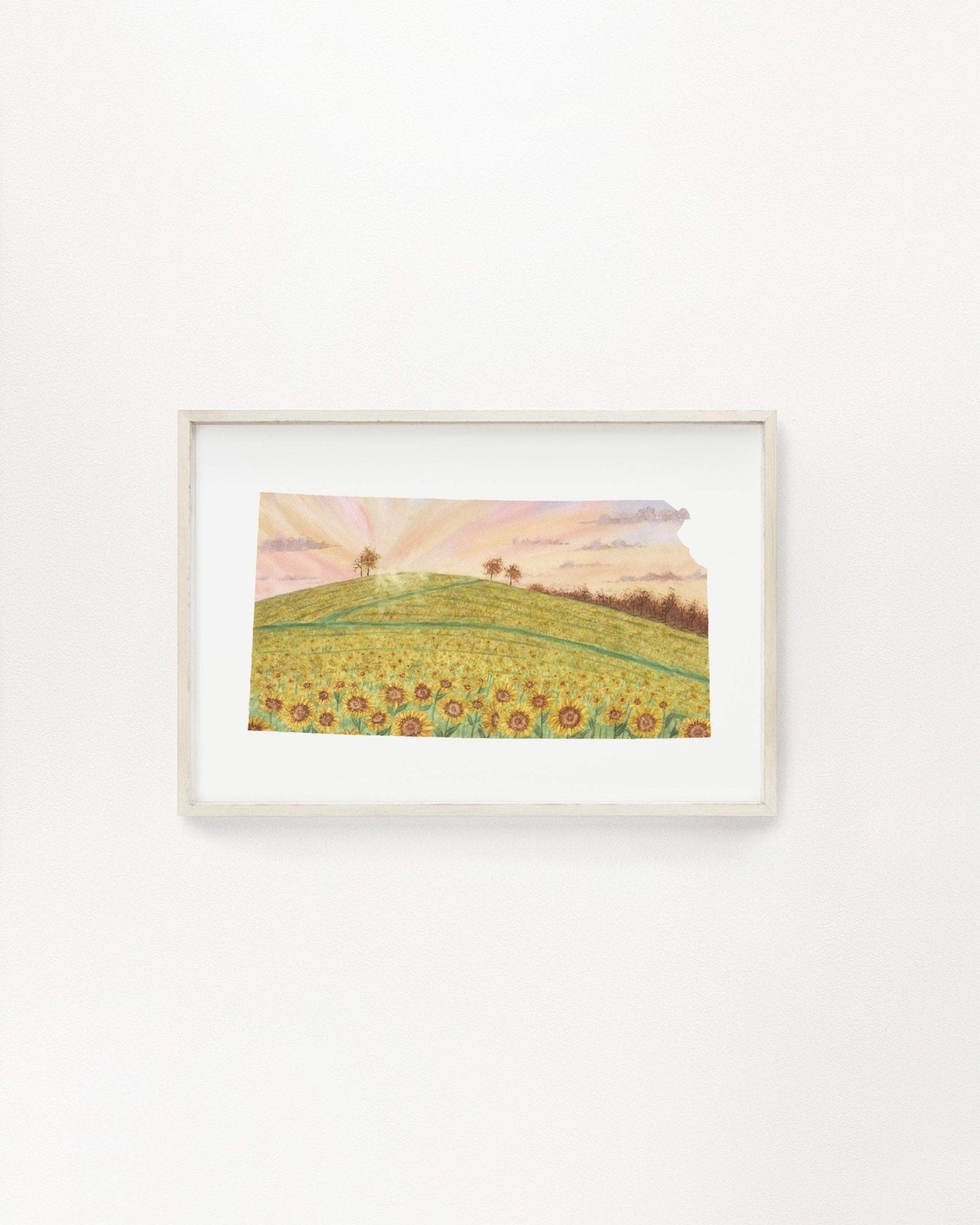 Kansas Watercolor Print, Kansas State Art, Home State Art, Kansas map art, Sunflower Field KS Emilie Taylor Art