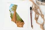 California Watercolor Print, Yosemite National Park Art, California State, California Shape Wall Art