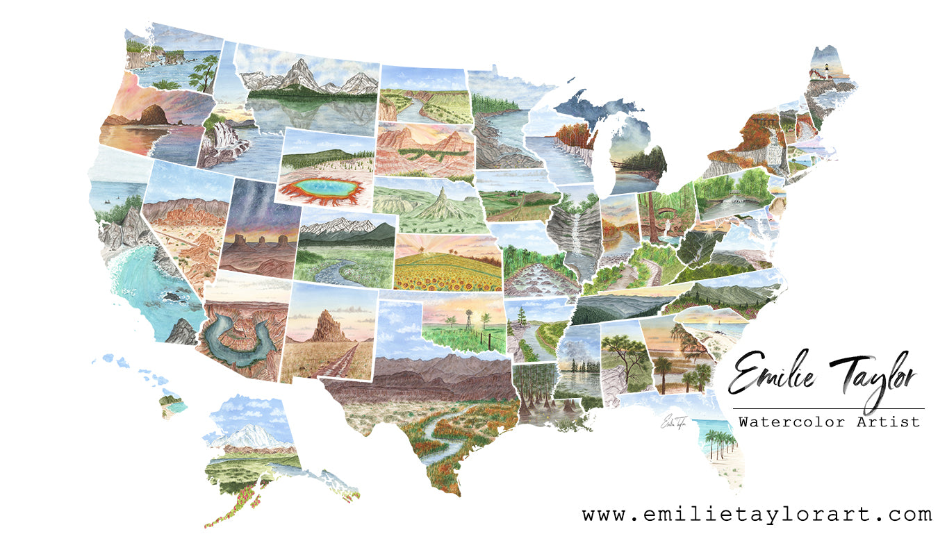 Map of the 50 states with brand Emilie Taylor Art