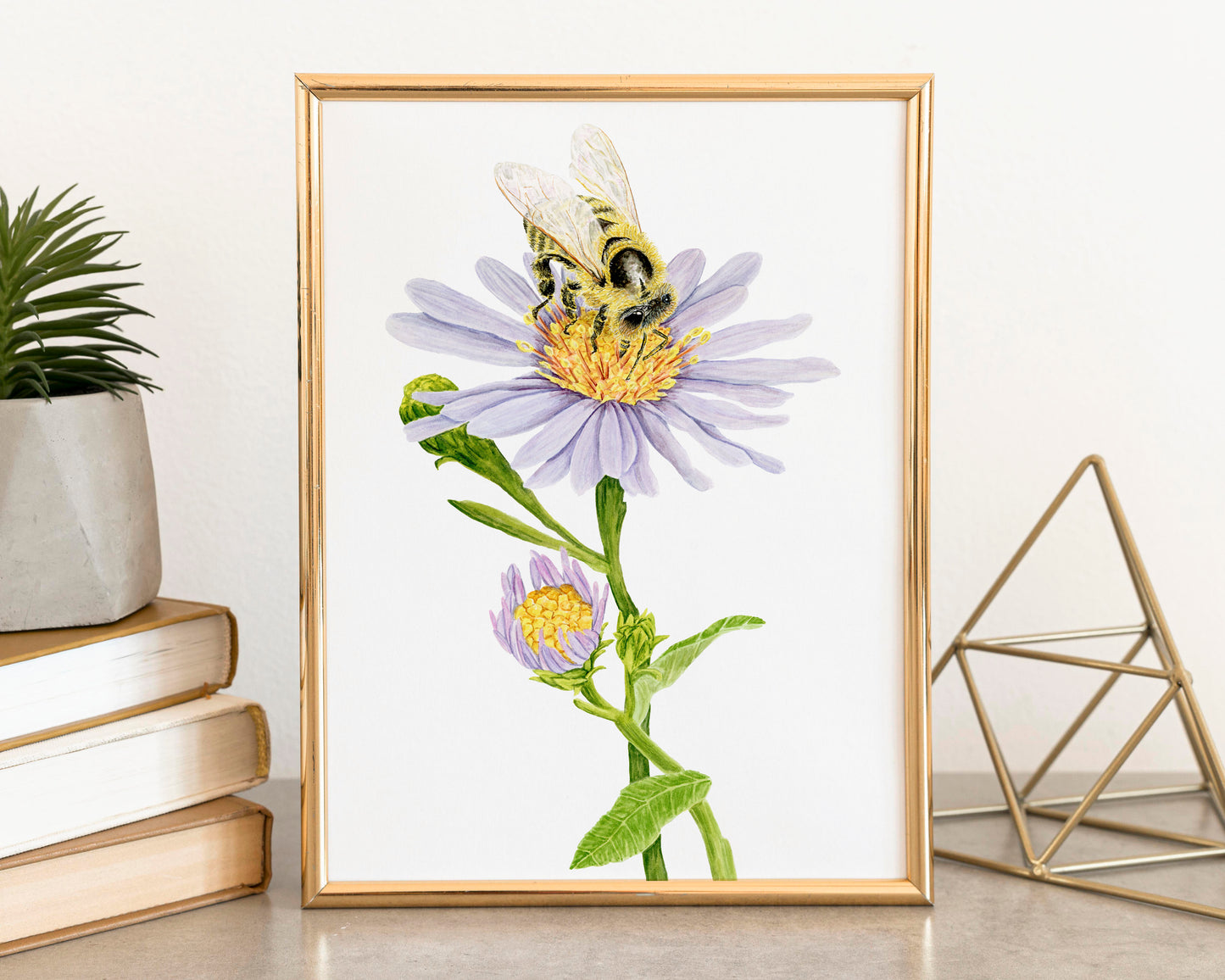 Honey Bee and Aster Flower Print | Watercolor Bee Painting