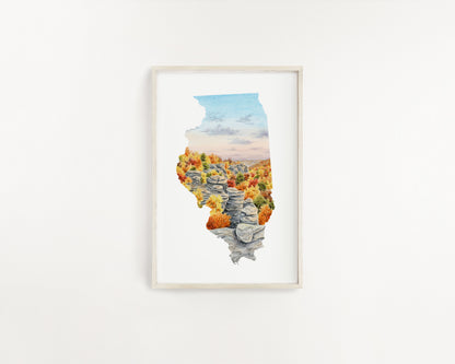 Illinois Watercolor Print, Fall scene of Garden of the gods Illinois Art