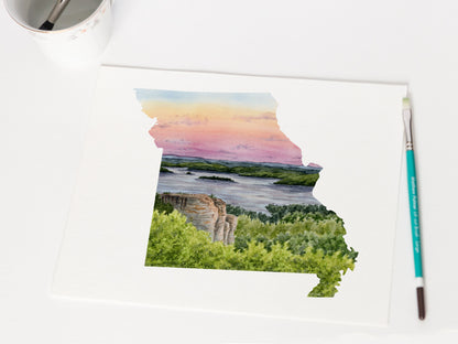 Missouri Watercolor Painting, Baird Mountain and Tabletop Lake Ozarks
