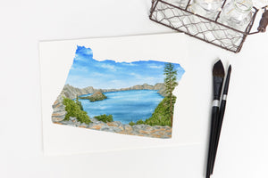 Oregon Watercolor Painting, Crater Lake National Park, Oregon State Art