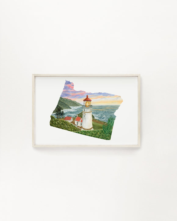 Oregon Watercolor Print, Heceta Head Lighthouse, Oregon Painting, Oregon Lighthouse