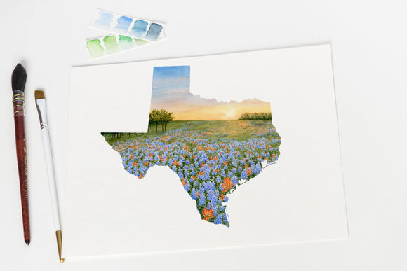 Texas State Art, Texas Blue Bonnets and Indian Paintbrush Flower Painting