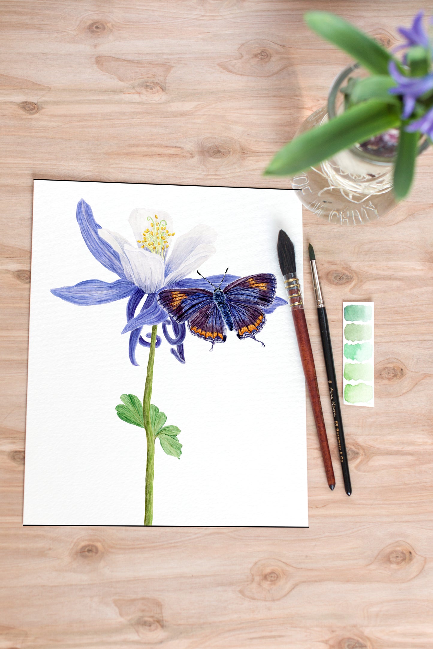 Colorado Hairstreak Butterfly and Columbine Flower Print | Watercolor Purple Butterfly Painting
