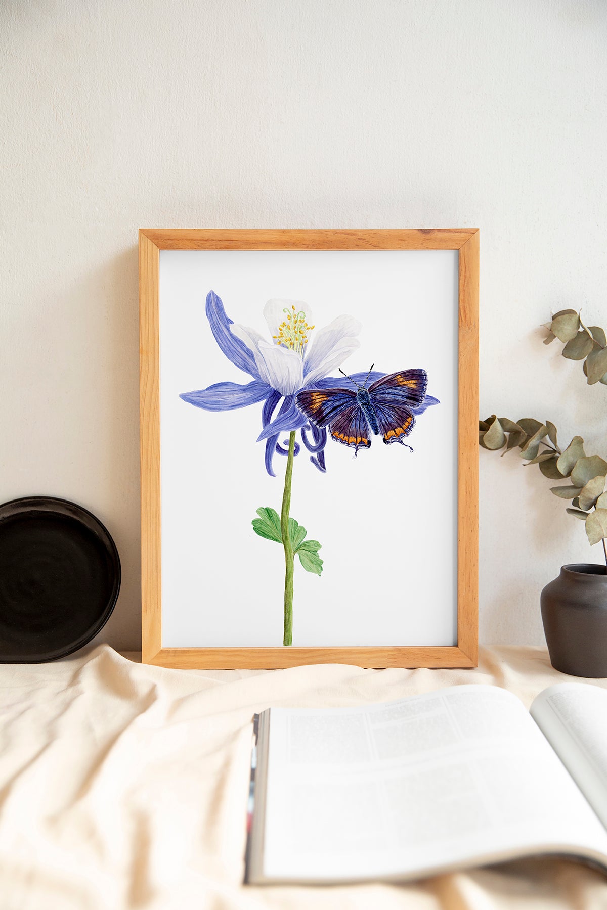 Colorado Hairstreak Butterfly and Columbine Flower Print | Watercolor Purple Butterfly Painting