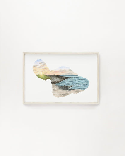 Hawaii MAUI shape print, Kipahulu coastline watercolor, Haleakalā National Park souvenir Emilie Taylor Art