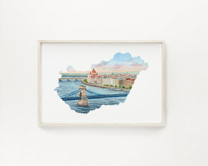 Hungary Watercolor Painting, Budapest Art, Hungary Map Art, Budapest painting, Széchenyi Chain Bridge Budapest Emilie Taylor Art