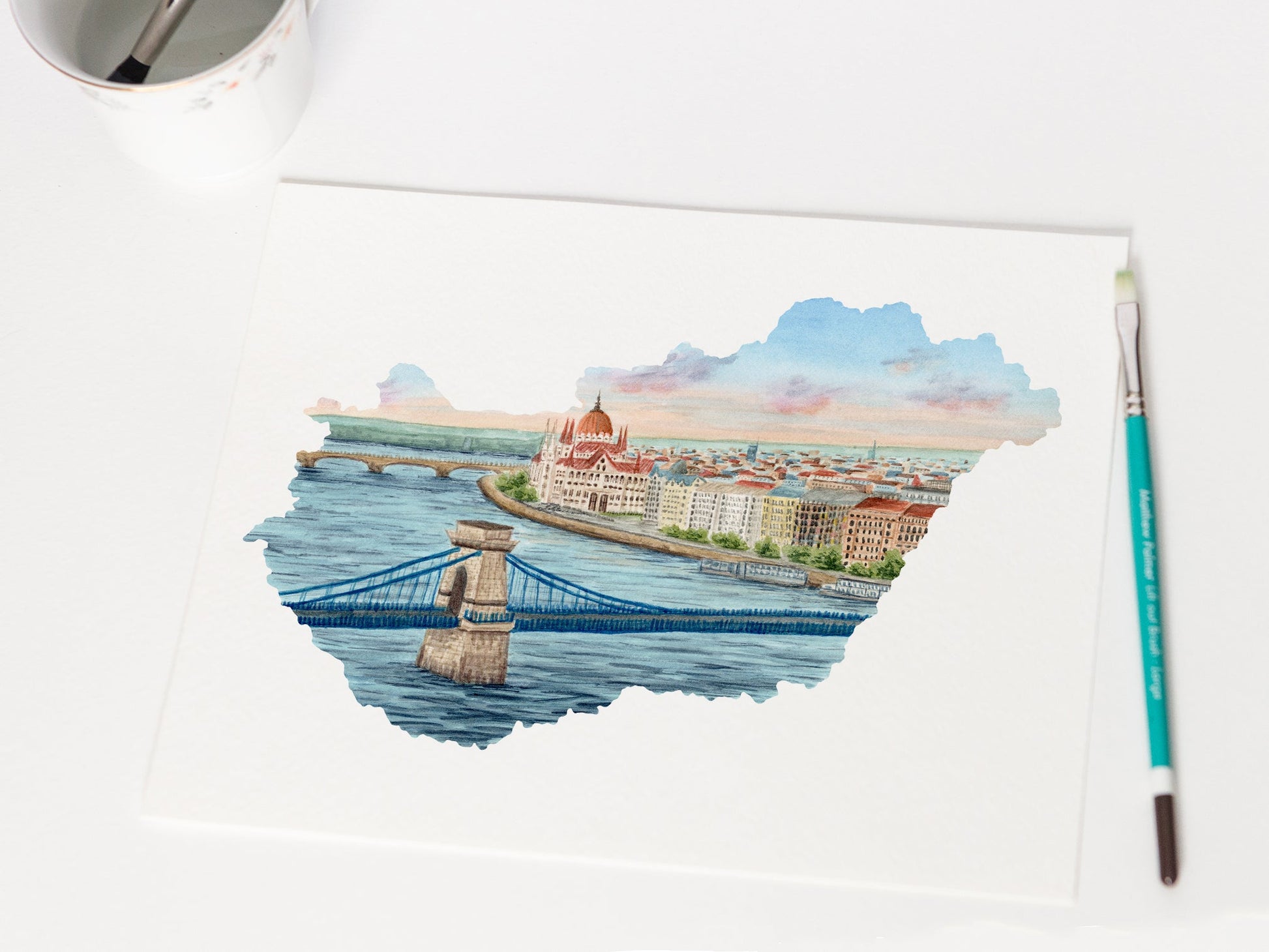 Hungary Watercolor Painting, Budapest Art, Hungary Map Art, Budapest painting, Széchenyi Chain Bridge Budapest Emilie Taylor Art