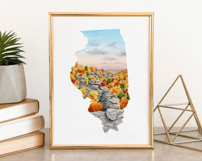 Illinois Watercolor Print, Fall scene of Garden of the gods Illinois Art