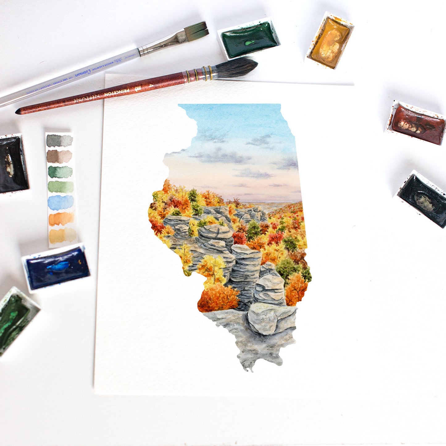 Illinois Watercolor Print, Fall scene of Garden of the gods Illinois Art