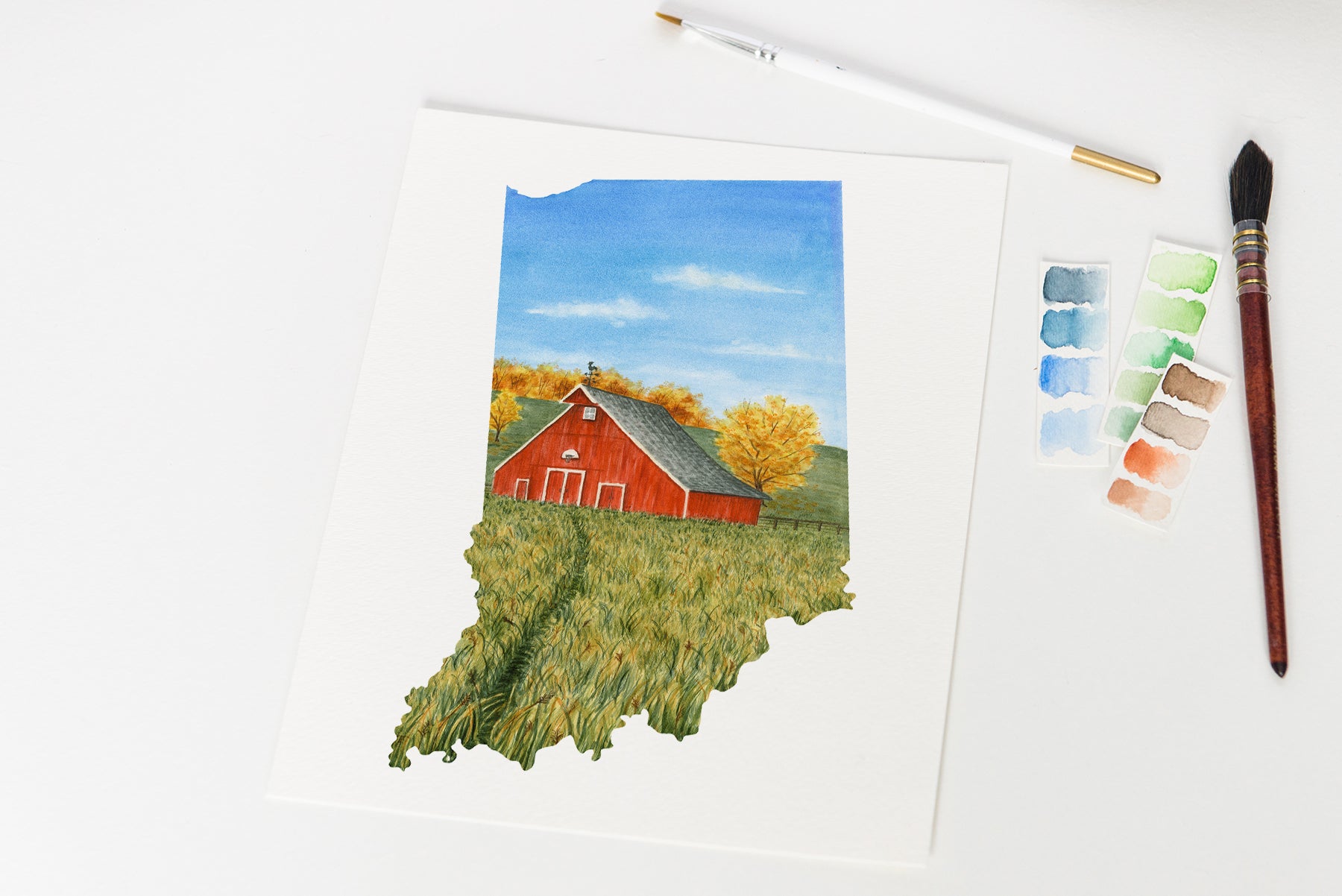 Indiana Barn Watercolor Print, Indiana Farmlands Emilie Taylor Art