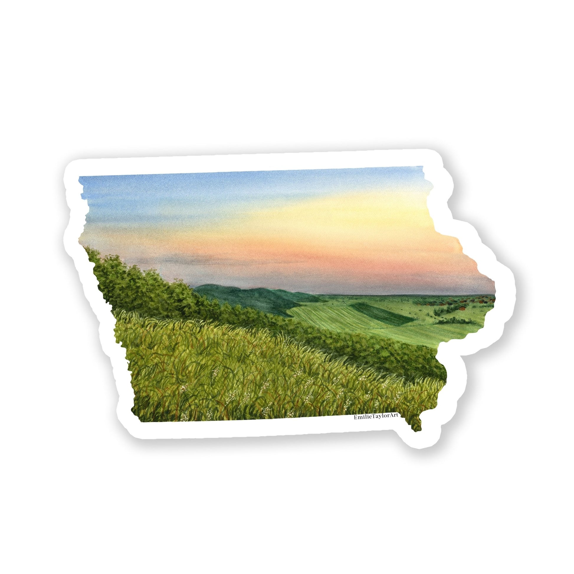 Iowa Decal, Loess Hills Iowa, Iowa Sticker, Watercolor Iowa Sticker, Emilie Taylor Art