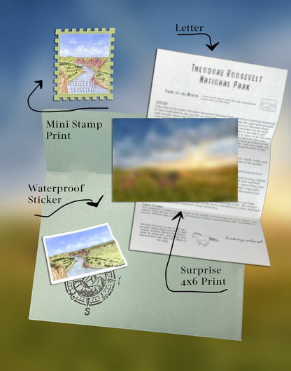 Collection of Theodore Roosevelt National Park items including a stamp print, waterproof sticker, and 4x6 print on a scenic background. For National Parks Mail Club