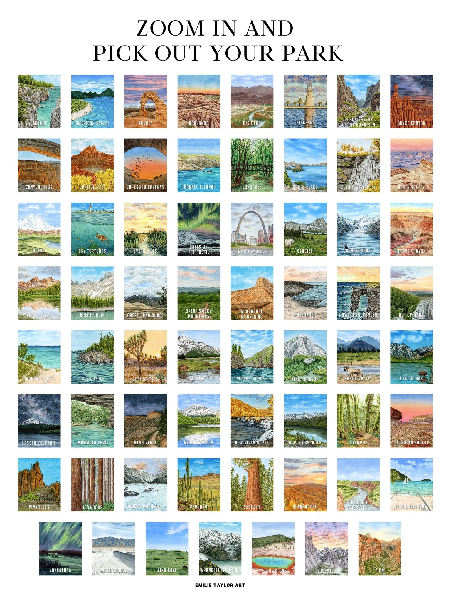 National Park Poster, Watercolor Art National Parks 16x20 Emilie Taylor Art