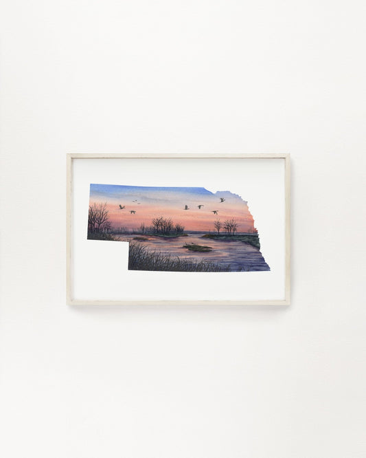 Nebraska Platte River Watercolor Painting, Nebraska State, Nebraska Map Art, Nebraska Poster Emilie Taylor Art