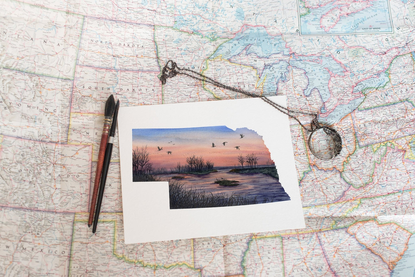 Nebraska Platte River Watercolor Painting, Nebraska State, Nebraska Map Art, Nebraska Poster Emilie Taylor Art