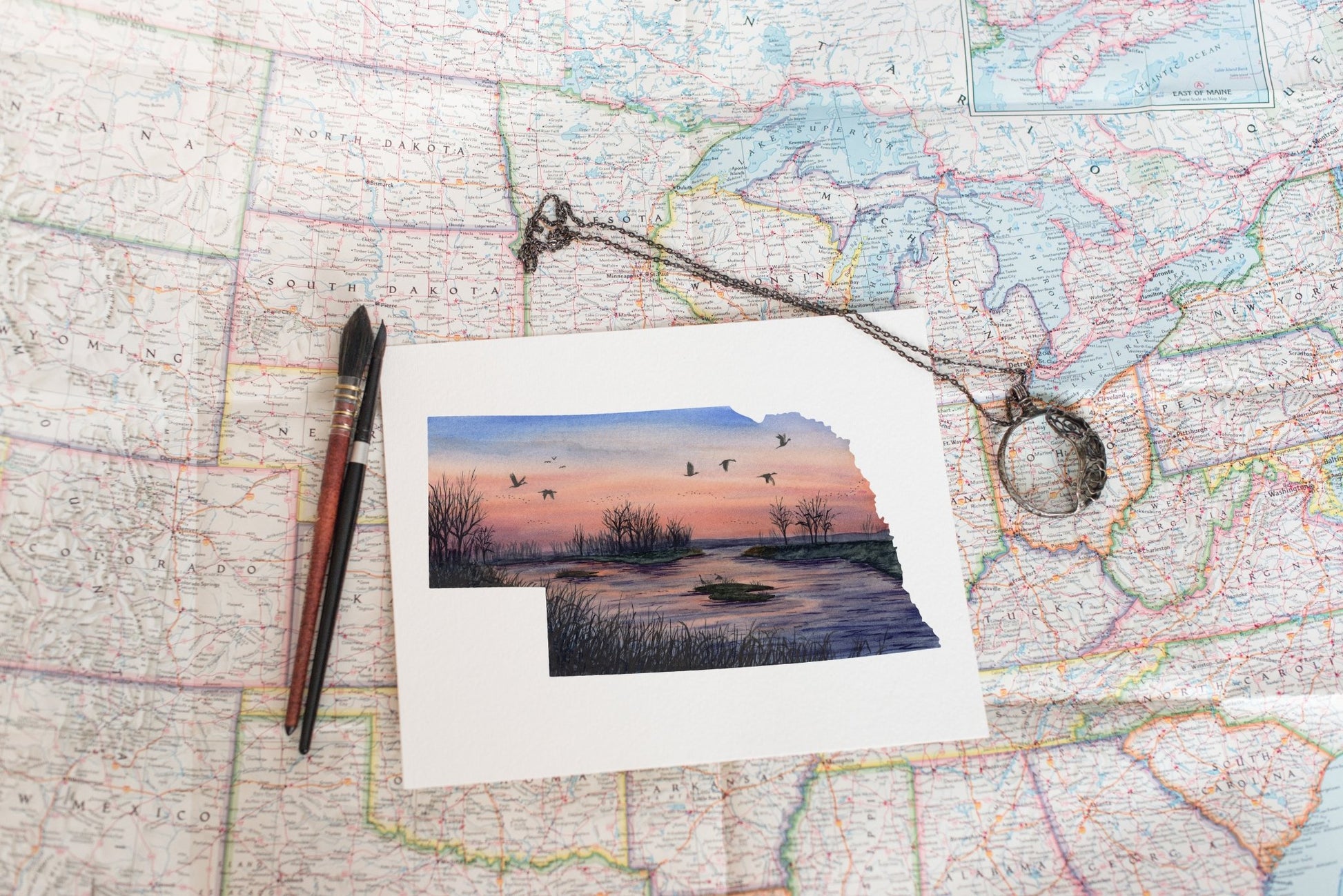 Nebraska Platte River Watercolor Painting, Nebraska State, Nebraska Map Art, Nebraska Poster Emilie Taylor Art