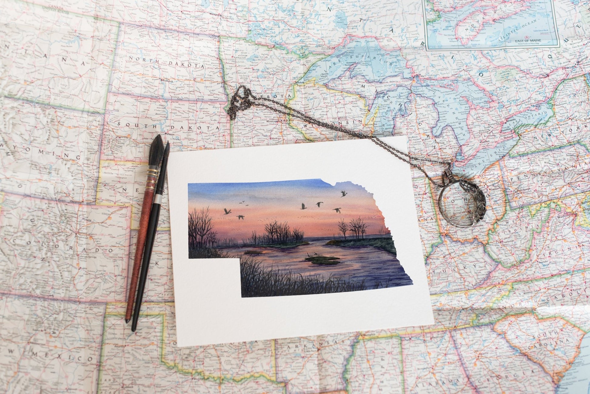 Nebraska Watercolor Painting, Nebraska State, Nebraska Map Art, Chimney Rock NE, Nebraska Poster Emilie Taylor Art