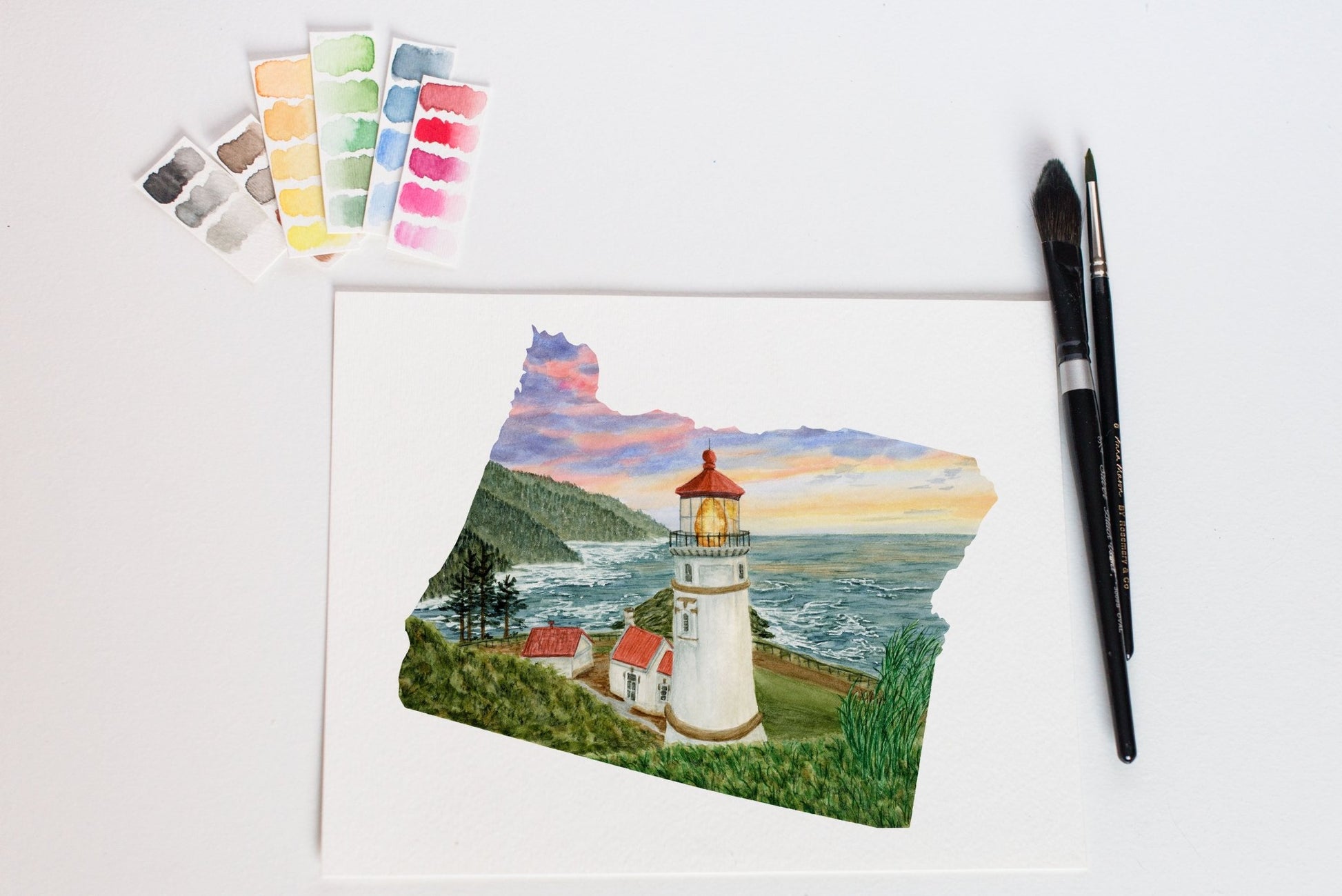 Oregon Watercolor Print, Heceta Head Lighthouse, Oregon Painting, Oregon Lighthouse Emilie Taylor Art