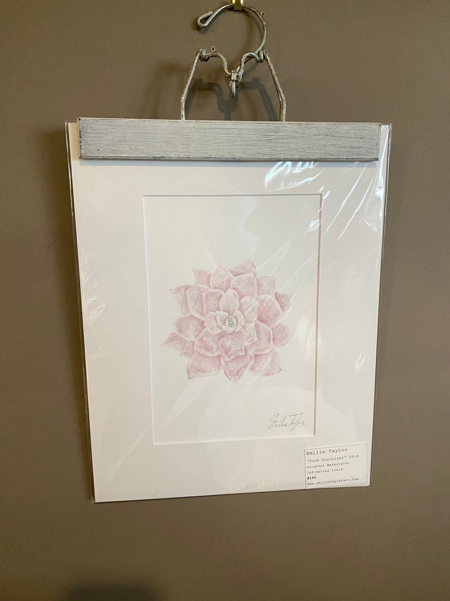 Pink Succulent Original Painting Mated to size 11x14 Emilie Taylor Art