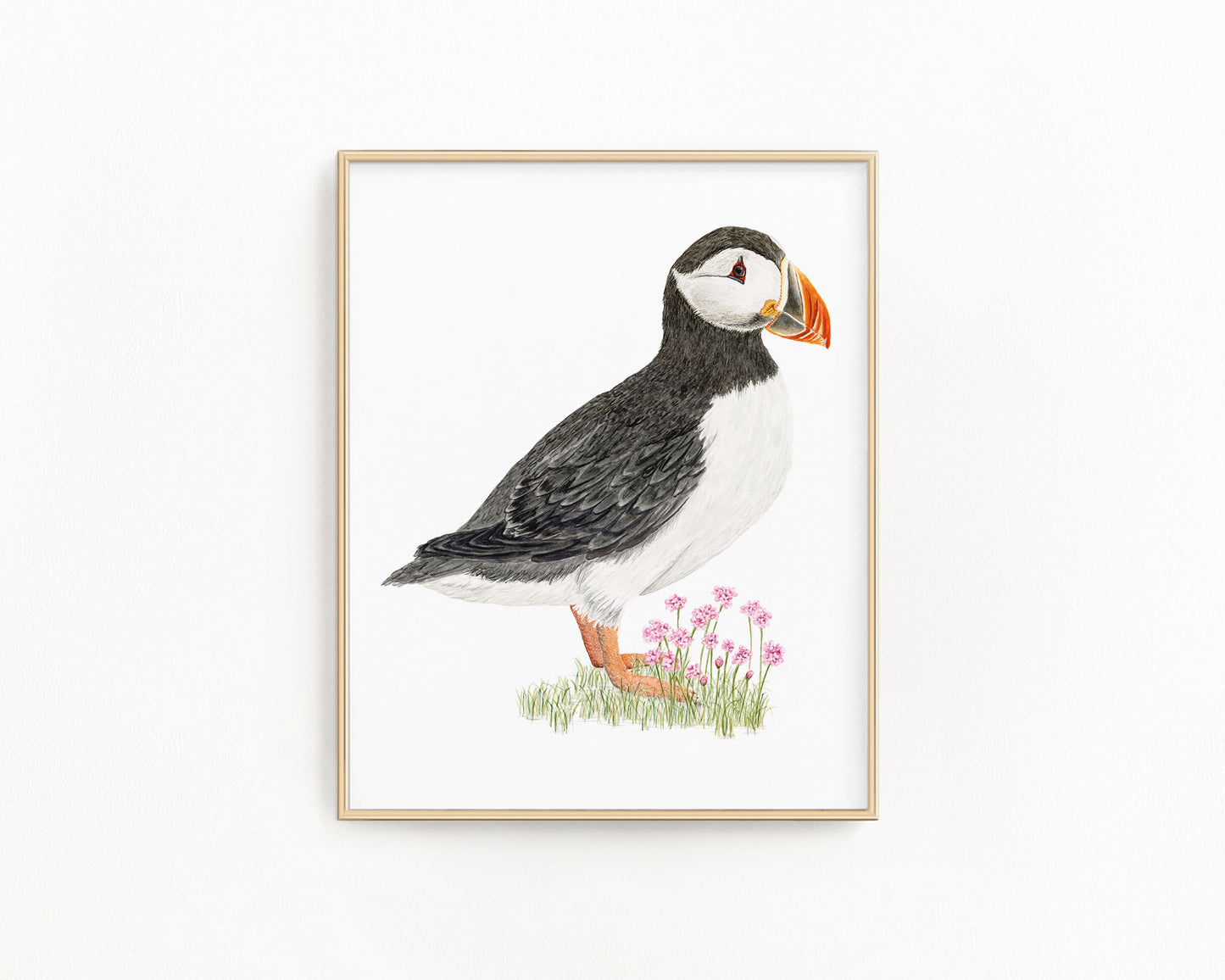 Puffin and Sea Thrift Print | Watercolor Puffin Painting