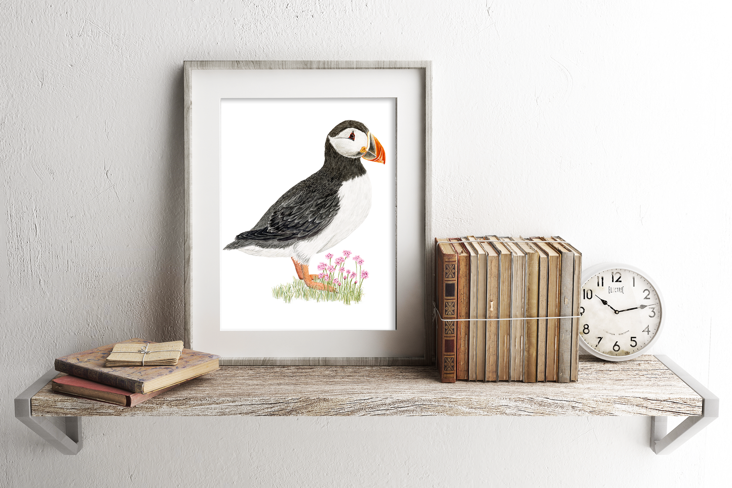 Puffin and Sea Thrift Print | Watercolor Puffin Painting