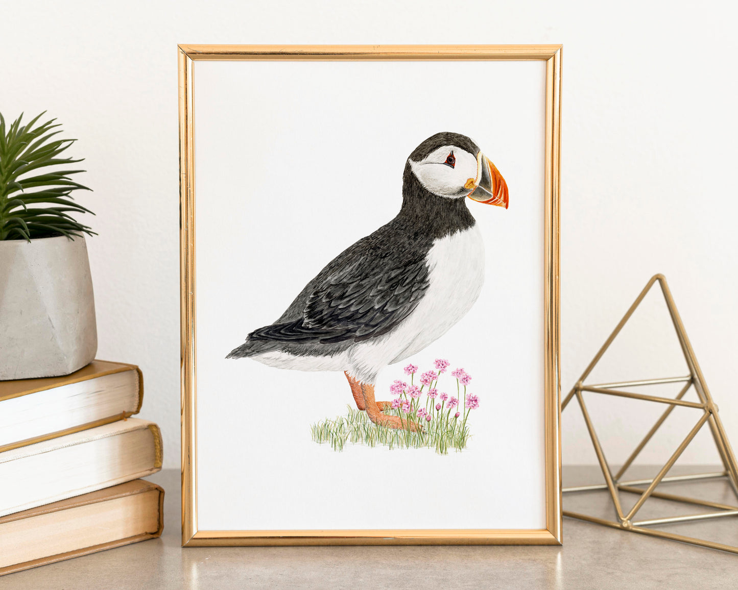 Puffin and Sea Thrift Print | Watercolor Puffin Painting