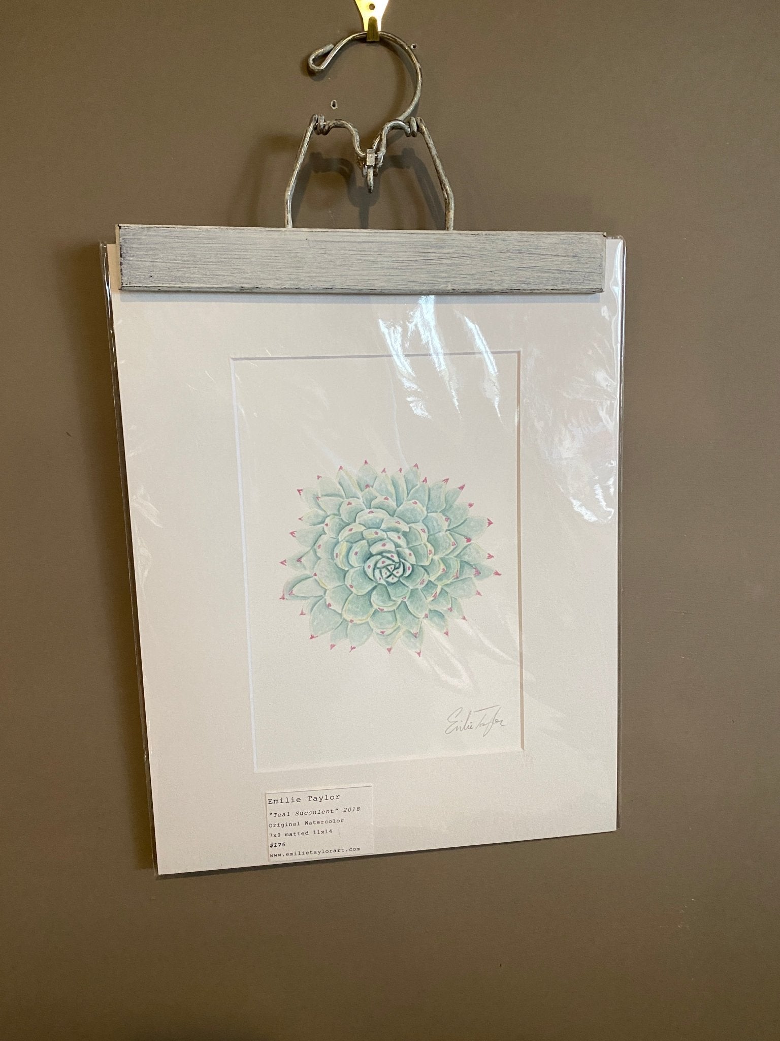 Teal Succulent Original Painting Mated to size 11x14 Emilie Taylor Art