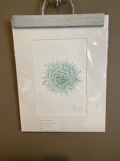 Teal Succulent Original Painting Mated to size 11x14 Emilie Taylor Art