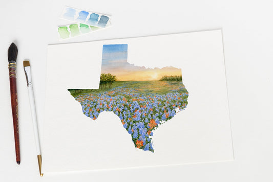 Texas State Art, Texas Blue Bonnets and Indian Paintbrush Flower Painting Emilie Taylor Art