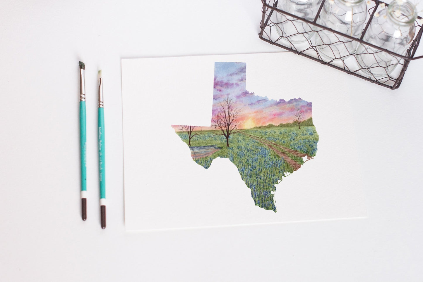 Texas State Art, Texas Blue Bonnets and Indian Paintbrush Flower Painting Emilie Taylor Art