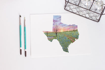 Texas State Art, Texas Blue Bonnets and Indian Paintbrush Flower Painting Emilie Taylor Art