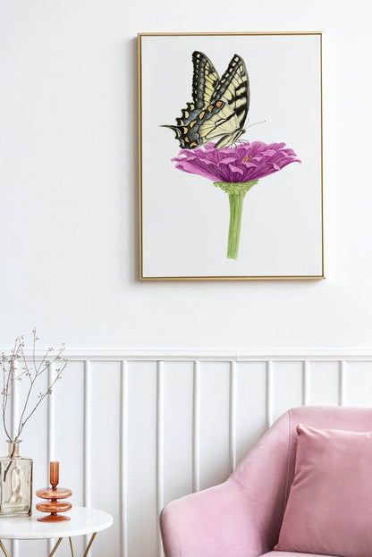 Tiger Swallowtail Butterfly and Zinnia Flower Print | Watercolor Swallowtail Painting Emilie Taylor Art