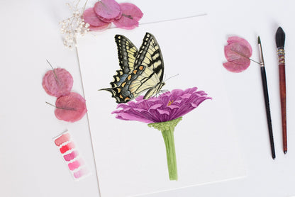 Tiger Swallowtail Butterfly and Zinnia Flower Print | Watercolor Swallowtail Painting Emilie Taylor Art
