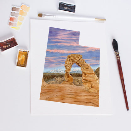 Utah Watercolor Painting, Zion National Park, Angels Landing, Utah State Art, Utah Map Print, UT Art Emilie Taylor Art