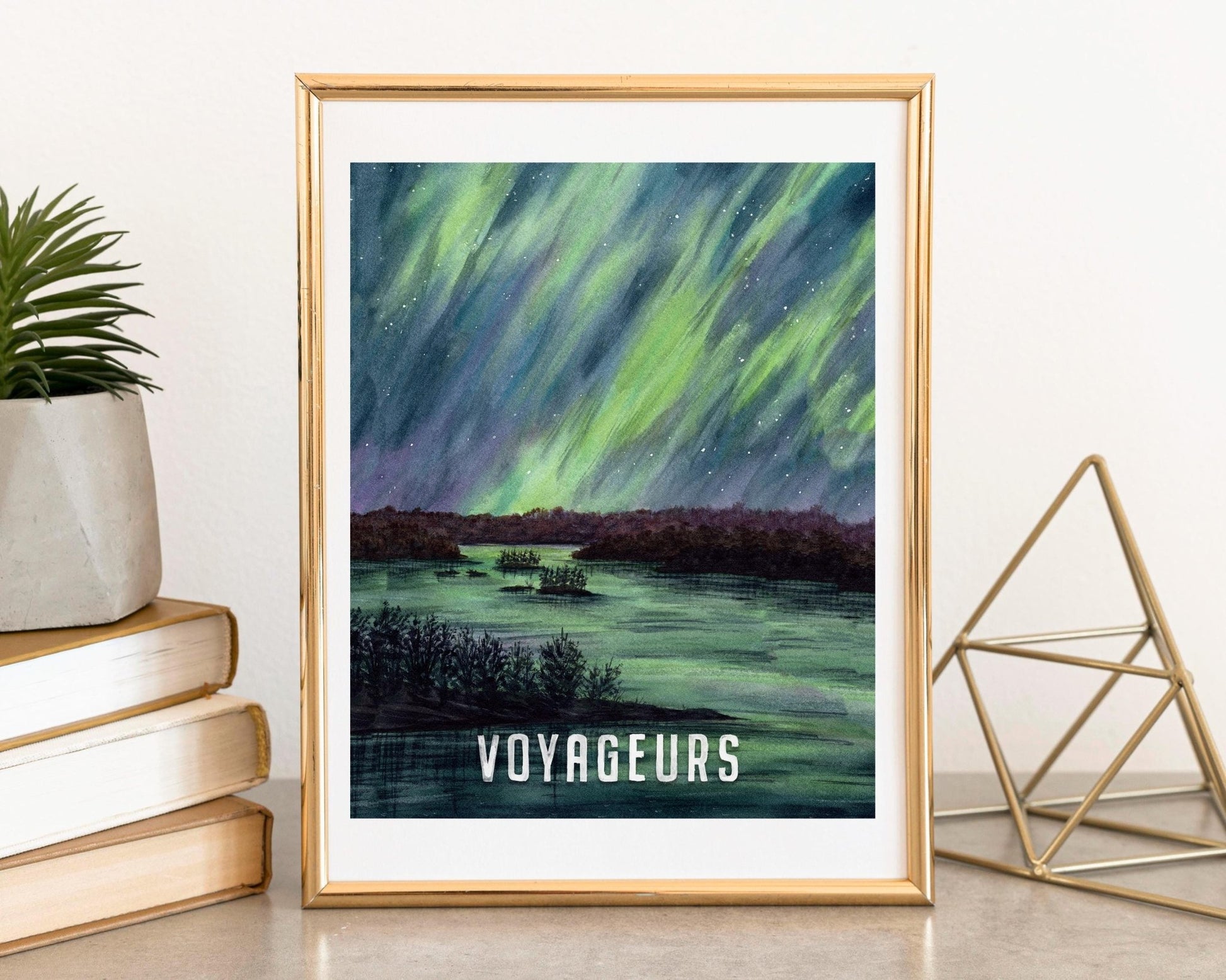 Watercolor of Voyageurs National Park Print featuring the northern lights over the lakes of MN | Voyageurs Poster | Minnesota National Park Poster