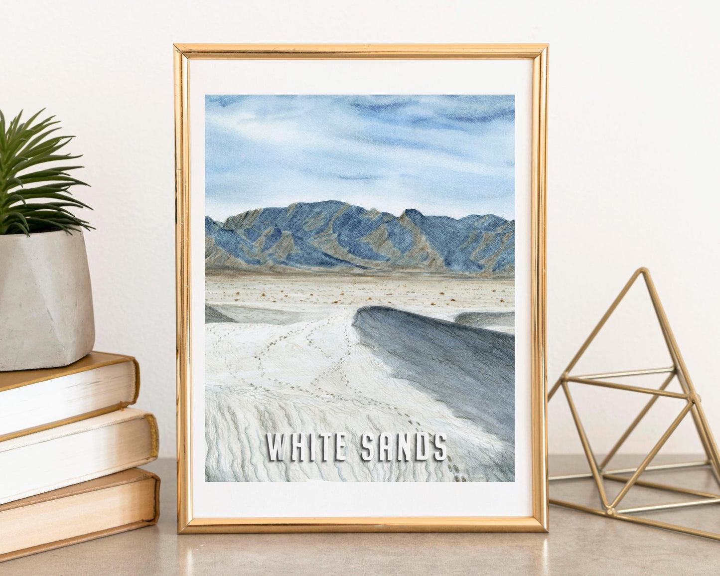 the clear gypsum sand dunes of white sands national park on a poster