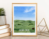Wind Cave National Park with Fields and Bison on a Watercolor Art Print | South Dakota Poster Emilie Taylor Art