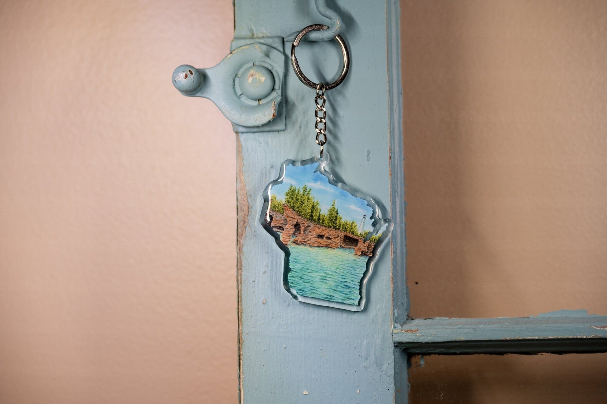 Wisconsin Apostle Islands National Shoreline Keychain, Wisconsin Keychain, Wisconsin Art Souvenir Emilie Taylor Art