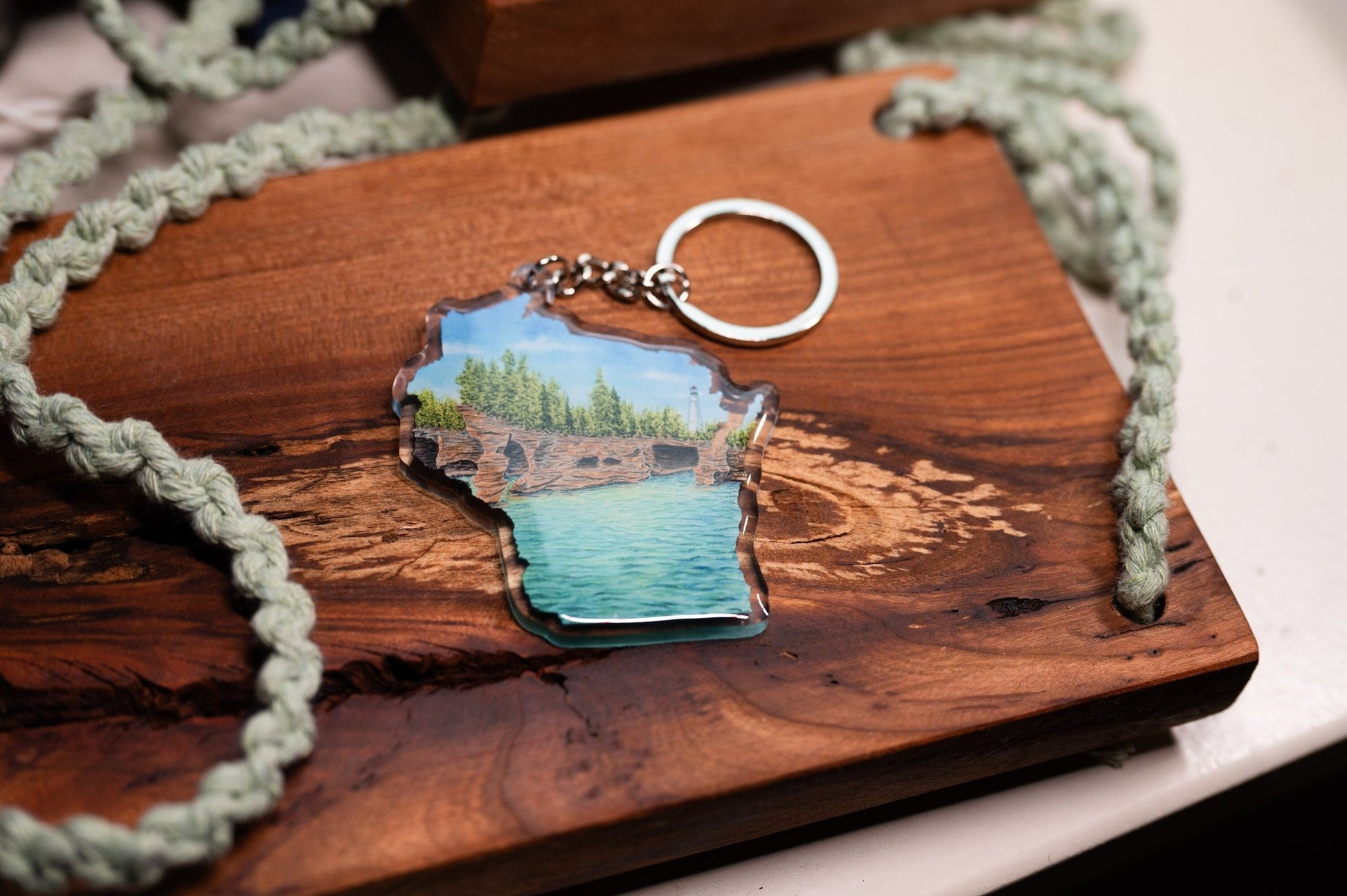 Wisconsin Apostle Islands National Shoreline Keychain, Wisconsin Keychain, Wisconsin Art Souvenir Emilie Taylor Art