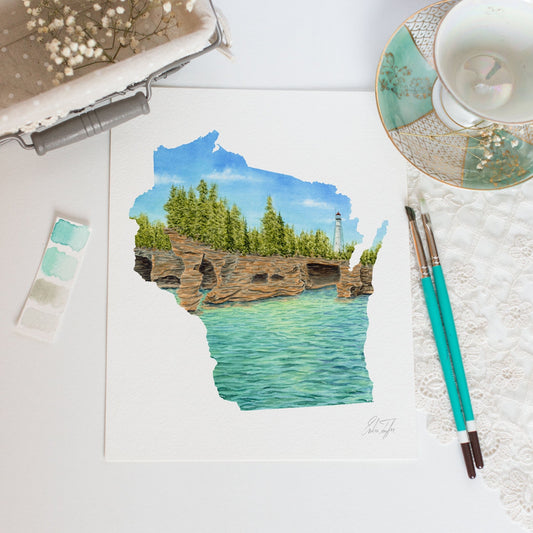 Wisconsin Watercolor Print, Apostle Islands Painting, Wisconsin State, State Art Emilie Taylor Art