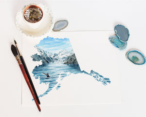 Alaska Glacier Bay Watercolor Painting, Glacier Bay National Park, Alaska State Art