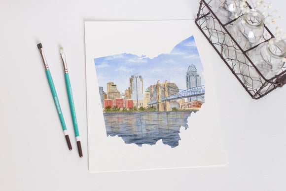 Ohio Cincinnati Watercolor Print, Ohio State Art, Cincinnati Cityscape in Ohio