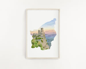 San Marino Watercolor Print, San Marino Art, The Towers San Marino, Country Painting, Travel Souvenir