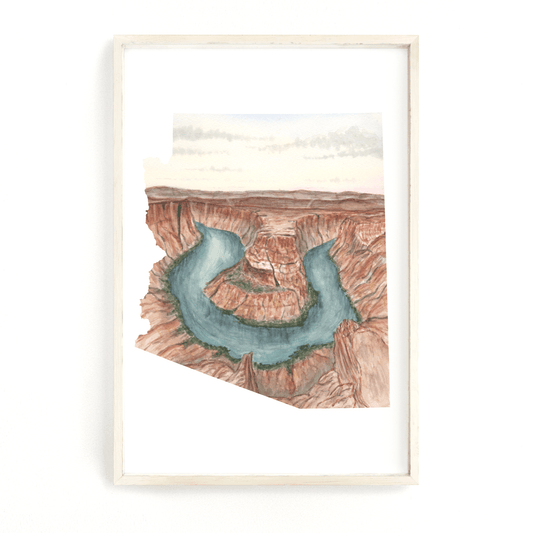Arizona Watercolor Painting, Arizona State, Horseshoe bend, Arizona Shape Wall Art, Arizona Gift Emilie Taylor Art
